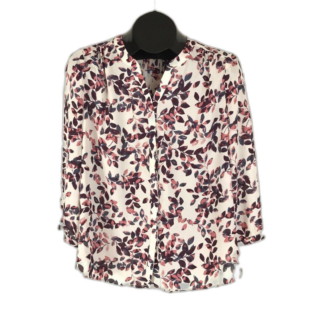 NYDJ Floral Pintuck Blouse Women's XS Pleated Button Down 3/4 Sleeve Spring